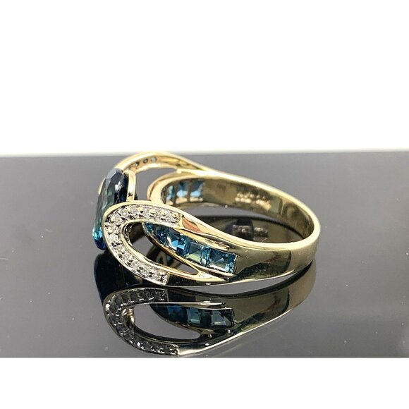 Blue Gemstone Diamond Cocktail Ring 10k Yellow Gold Estate Jewelry Womens Size 6 - Picture 3 of 14